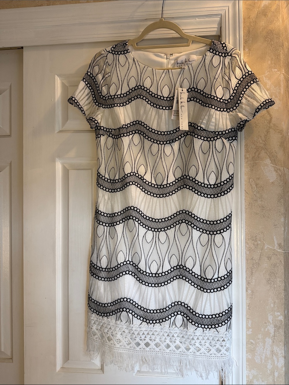 Nicole Miller White Dress with Black Lace Wave Trim